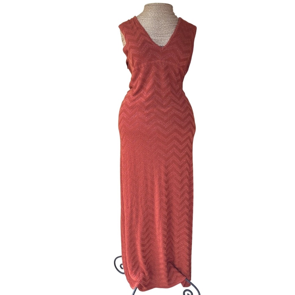 Zara Knit Dress Womens Small‎ Orange V Neck Sleeveless Knit Maxi Dress